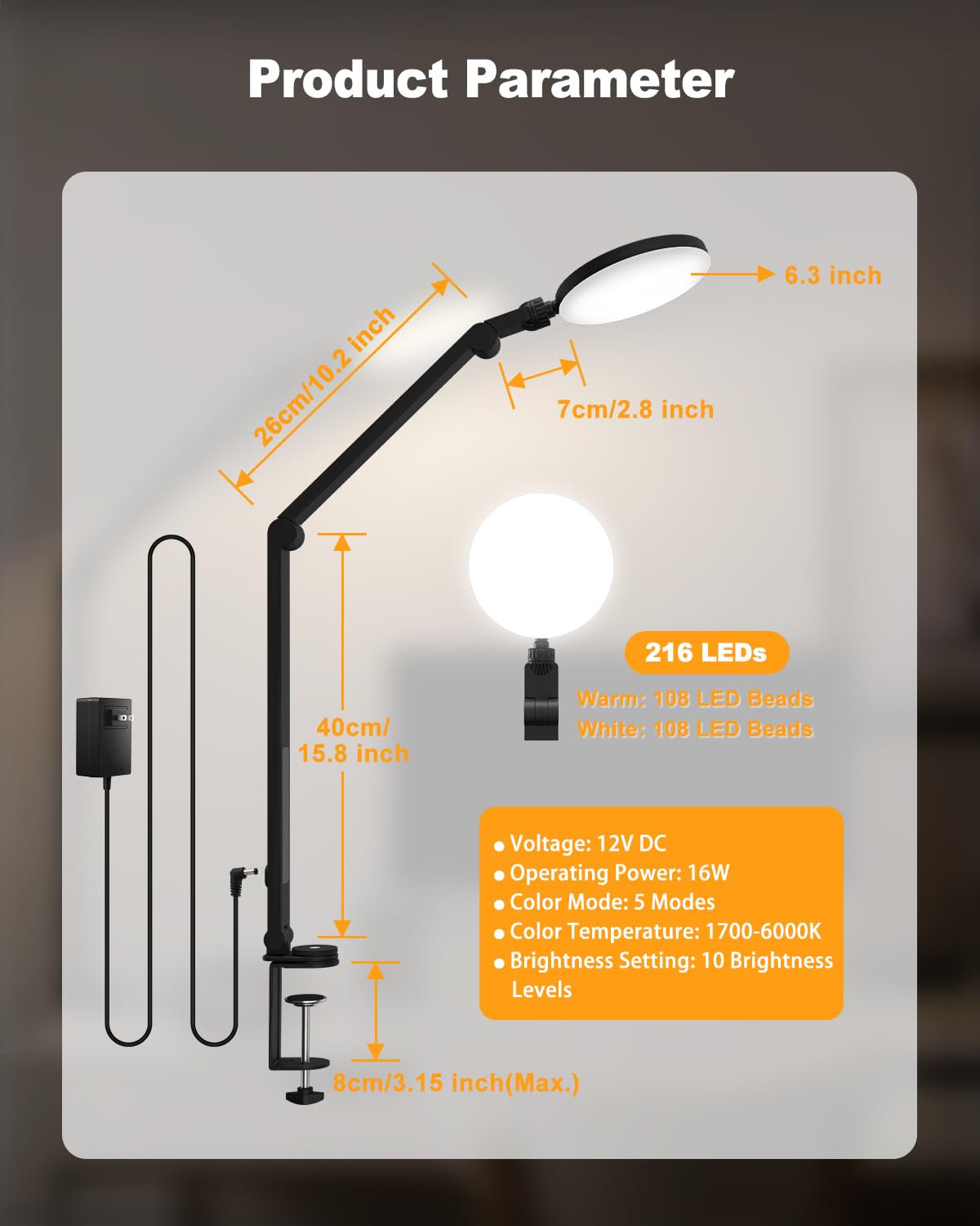 ZAPLIT 16W LED Desk Lamp with I-Clamp, [5 Color Modes 10 Brightness Dimmable] Clip on Architect Lamp, 30 60 Min Auto Timer, Touch Control Office Lamp for Home, Office, Task - Adapter Included