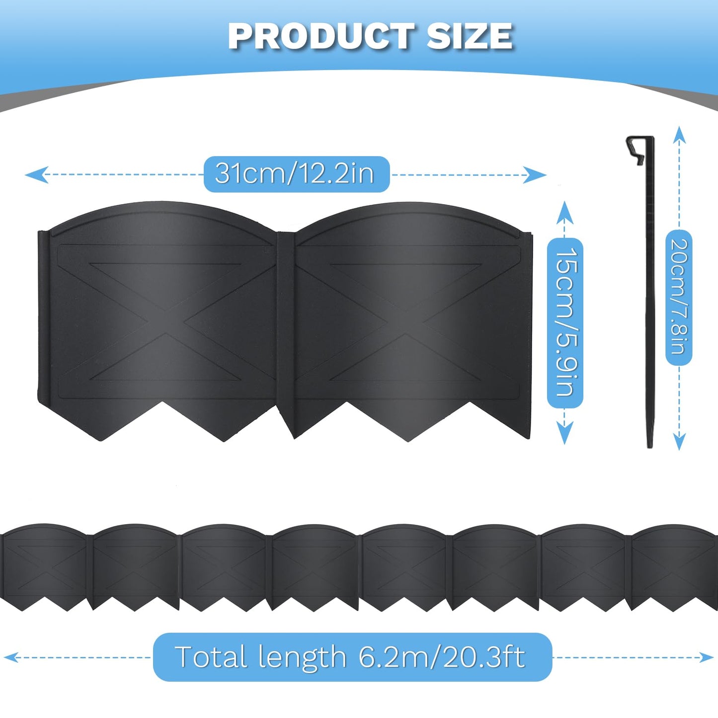 Vashly 20Pcs Black Garden Edging Border, Plastic Garden Edging with 20Ft Length and 20Pcs Anchoring Stakes Kit for Lawn, Flower Garden, Outdoor Patio, Pathway