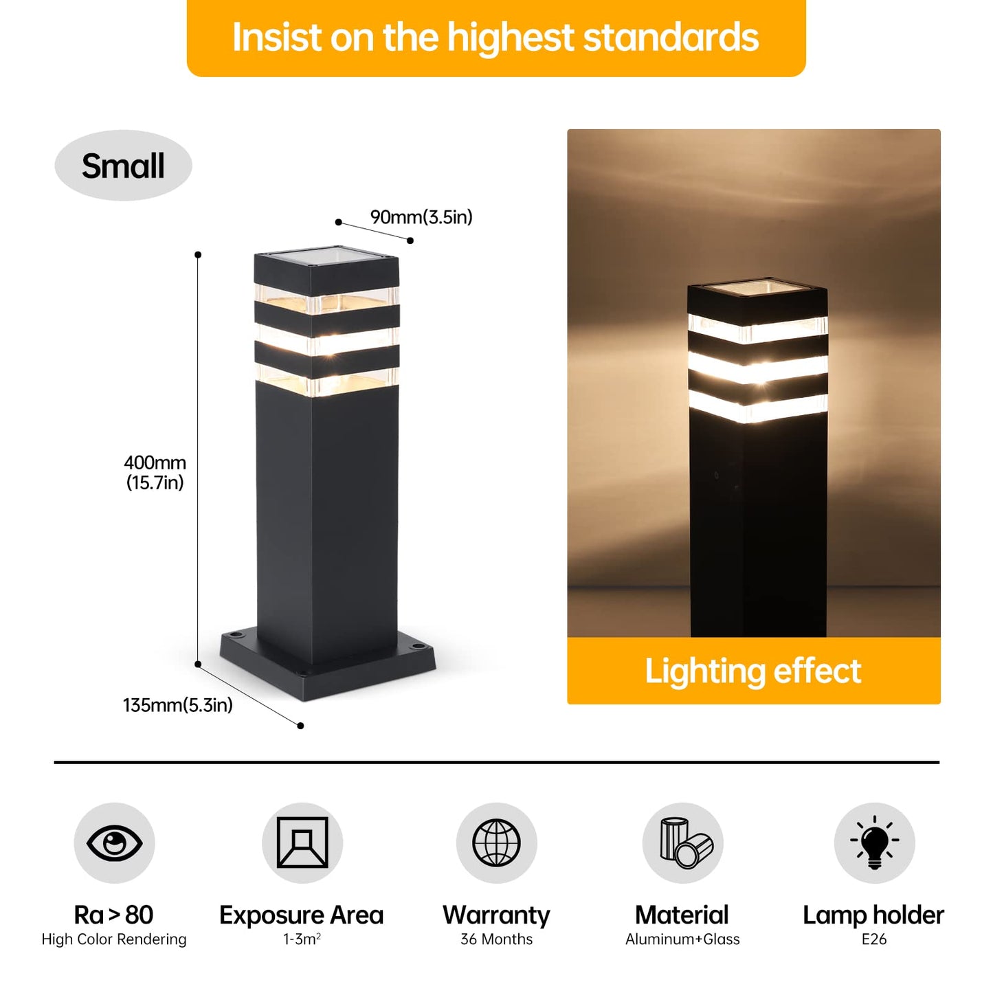 SLAWA 15In Pathway Lights Black E26 Outdoor Landscape Path Lighting Aluminum Walkway Bollard Lights Modern Landscape Sideway Post Lantern IP65 Waterproof Patio Porch Exterior Floor Lamp with Bulb