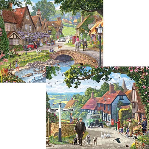 Bits and Pieces - 4-in-1 Multi-Pack - 300 Piece Jigsaw Puzzles for Adults-Each Measures 16" x 20" (46cm x 61cm)-Village Life by Artist Steve Crisp
