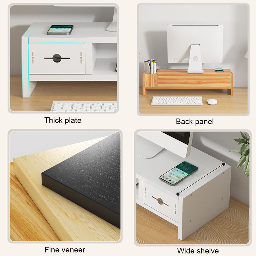 Monitor Stand, 2 Tier Computer Monitor Riser with Drawer and Pen Holder, Ergonomic Laptop Stand, Desktop Shelf for Laptop, TV Screen, PC Monitor (White)