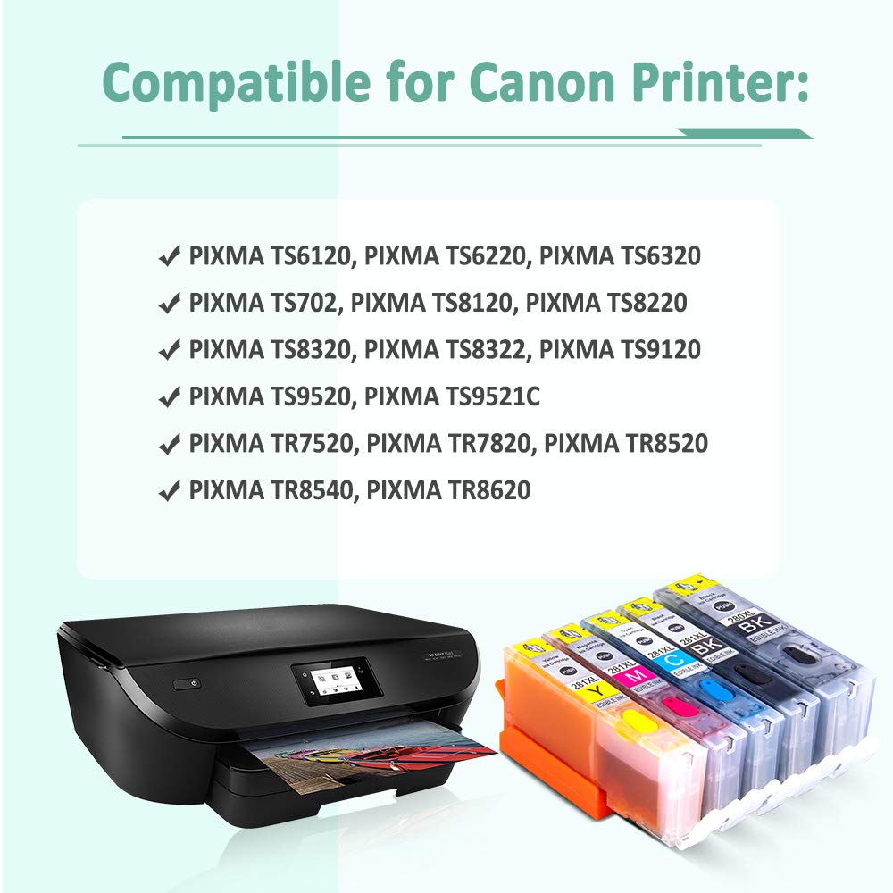 Topcolor 5-Pack Compatible Edible Ink Cartridges for Canon PGI-280XL CLI-281XL Ink Cartridge Replacement for Canon Cake Printer PIXMA TS6120 TS6220 TS8120 TR7520 (Black, Yellow, Cyan, Magenta)