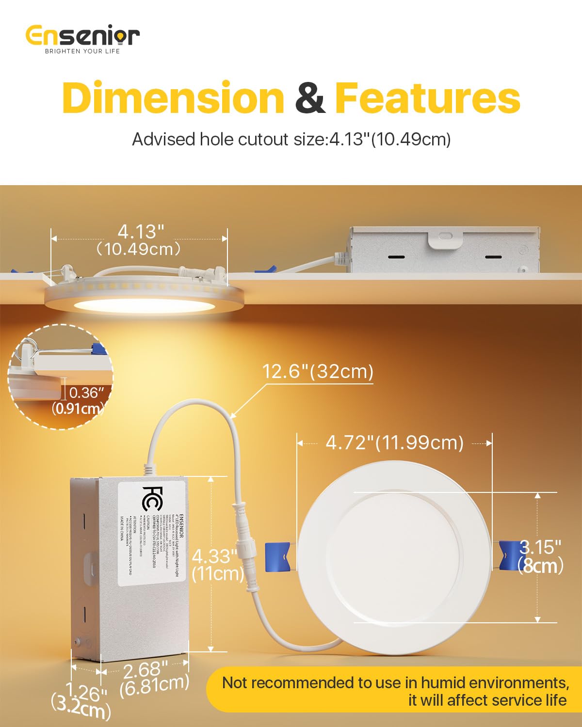 Ensenior 6 Pack 4 Inch LED Recessed Pot Light with Night Light, Dimmable, 2700K-5000K 5CCT, 750LM 9W 120V, High Brightness Canless Wafer Downlight - FCC
