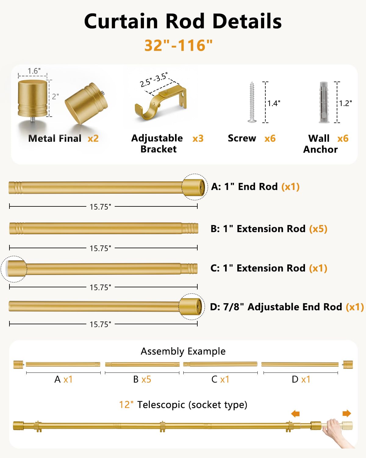 ASULUPHY Gold Curtain Rod, 1 Inch Diameter Heavy Duty Curtain Rods for Window 32-116 in, Extra Long Curtain pole with Thicker Brackets, Curtain Rod for Sliding Doors, Living Room, Bedroom, Patio