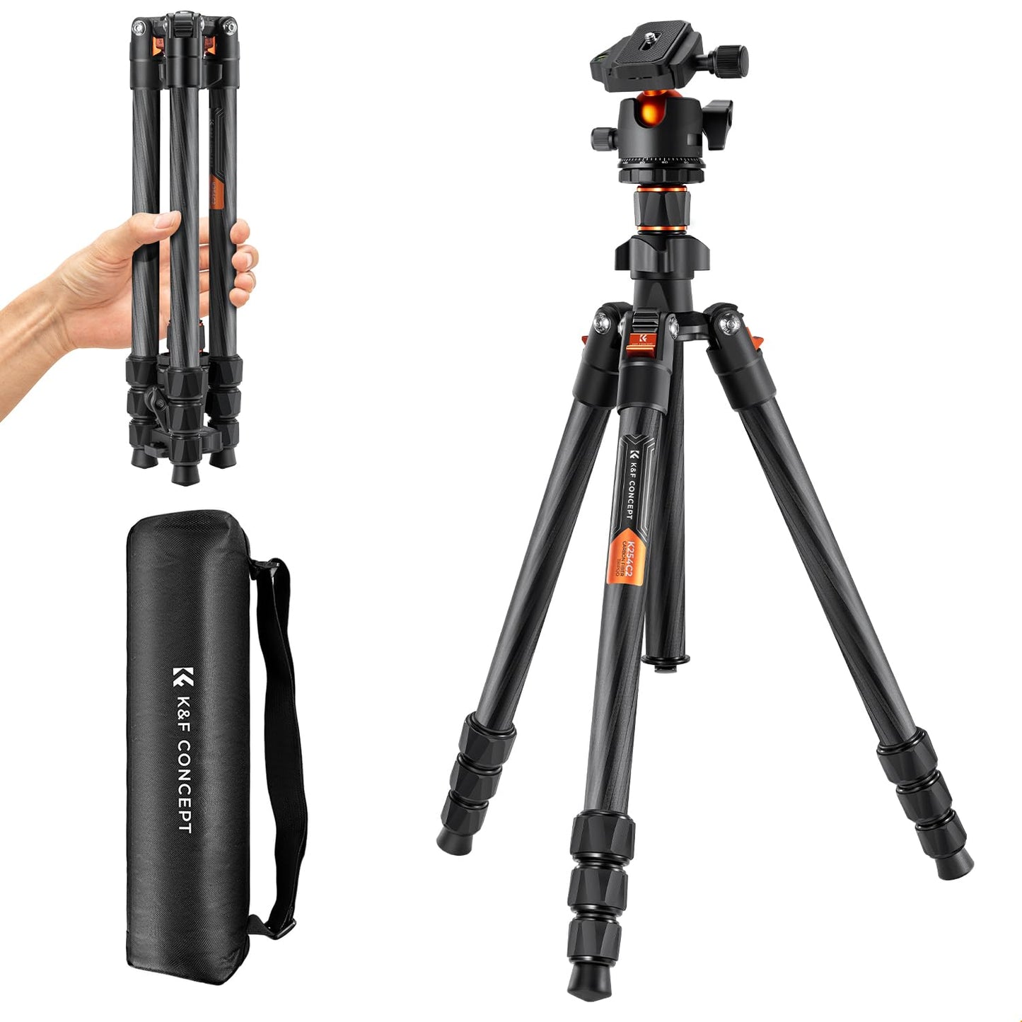 K&F CONCEPT 64 inch/163cm Carbon Fiber Camera Tripod,Lightweight Travel Tripod with 36mm Metal Ball Head Load Capacity 8kg/17.6lbs,Quick Release Plate,for DSLR Cameras Indoor Outdoor Use K254C2+BH-36L