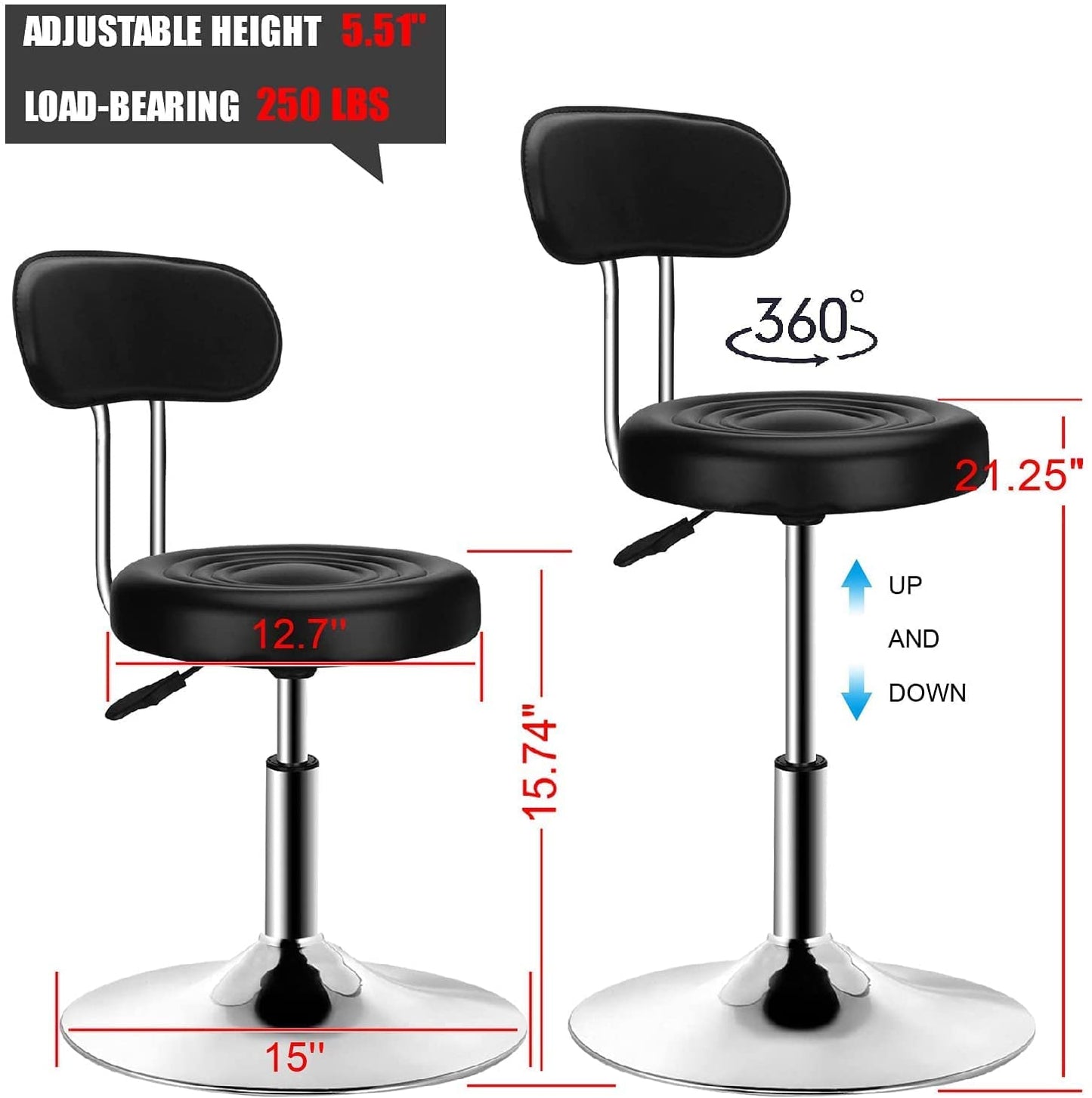 QiCheng&LYS PU Leather Round Office Stool Chair Adjustable Height Sit Stand 360° Swivel, for Office Home Kitchen Beauty Slip Wheelless Stool(Black with Backrest)