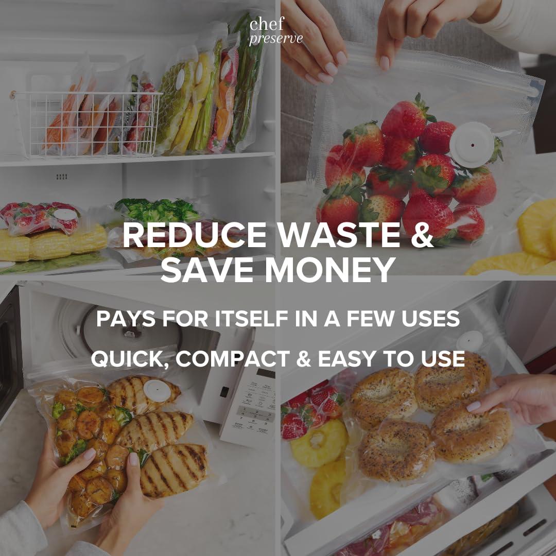 Chef Preserve Reusable Vacuum Sealer Bags for Food – 30 BPA-Free Small (8 x 10 in) Food Storage Bags, Freezer, Microwave – Odor-Resistant, Leak-Proof – Compatible with Chef Preserve Vacuum Sealers