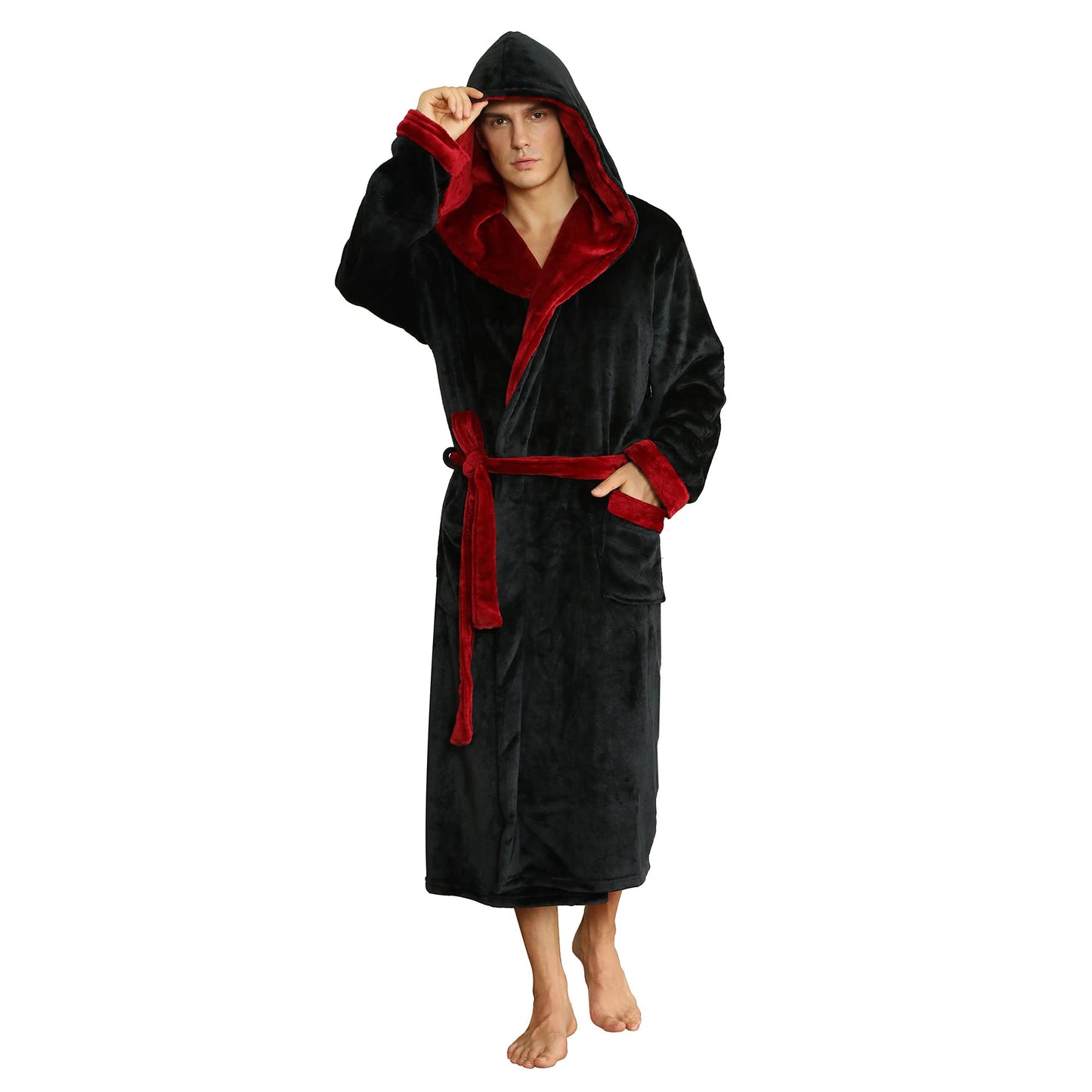 U2SKIIN Mens Hooded Robe, Plush Robes for Men Long Fleece Bathrobe(Black/Dark Red, L/XL)