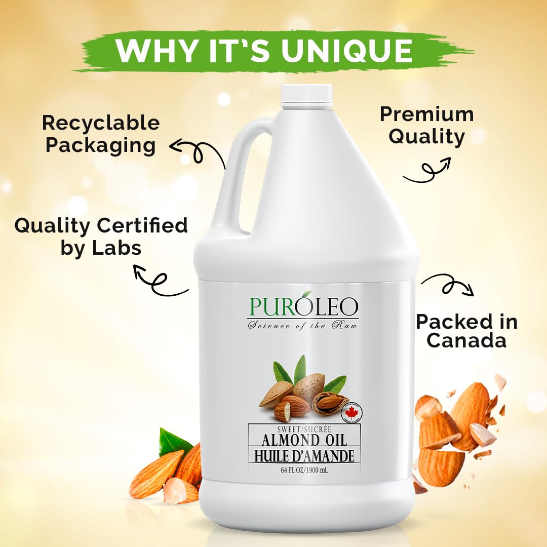 PUROLEO Sweet Almond Oil 64 Fl Oz/1900 ML (Packed In Canada) Pure Almond Oil for Skin, Hair, & Body | Organic Carrier Oil & Body Oils For Women | Almond Butter Hair Oil, Body Oil, Baby Oil, Massage Oil huiles essentielles Amande Douce Huile Massage