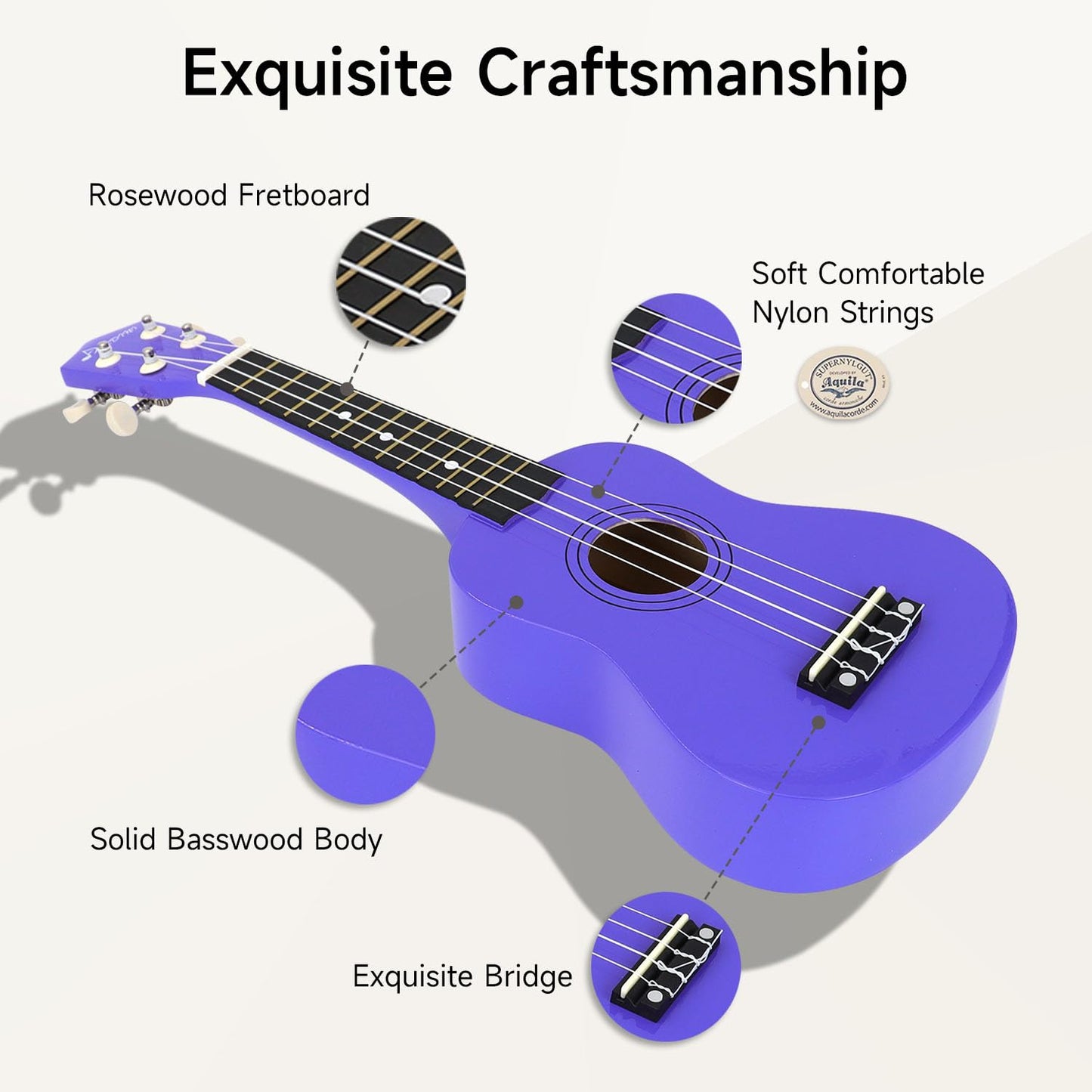 Ukulele for Beginners Hawaiian Wood Soprano Ukelele Starter Kit for Kids Adult Student Ukalelee Uke Bundle Pack with Free Lessons Gig Bag Tuner Strap Picks Nylon Strings (Deep Purple, 21 Inch)