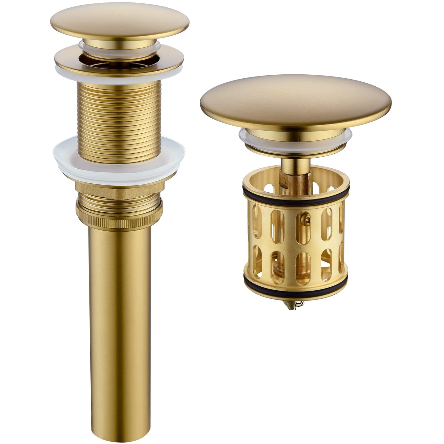 JONKEAN Bathroom Pop Up Drain Without Overflow,Bathroom Sink Drain with Detachable Strainer Basket, Built-in Anti-Clogging Strainer,Vessel Sink Pop Up Stopper Hair Catcher(Brushed Gold)
