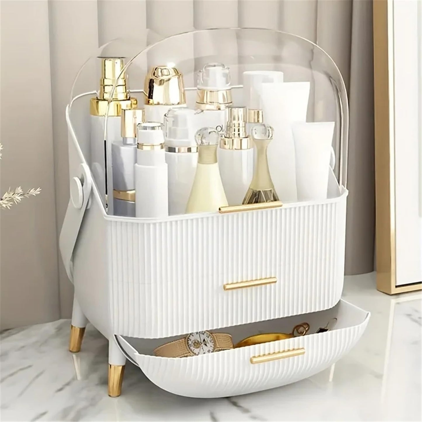 Makeup Organizer Box with Transparent dustproof Cover，Portable 3 Tier Skincare Cosmetics Organizers with Drawers Display for Bathroom, Countertop, Vanity