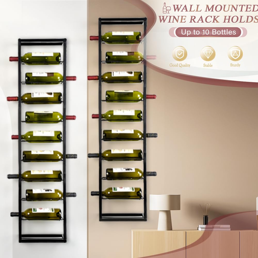 AQAREA Wall Mounted Wine Rack: Metal Hanging 10 Bottle Wine Holder - Black Wine Storage Rack