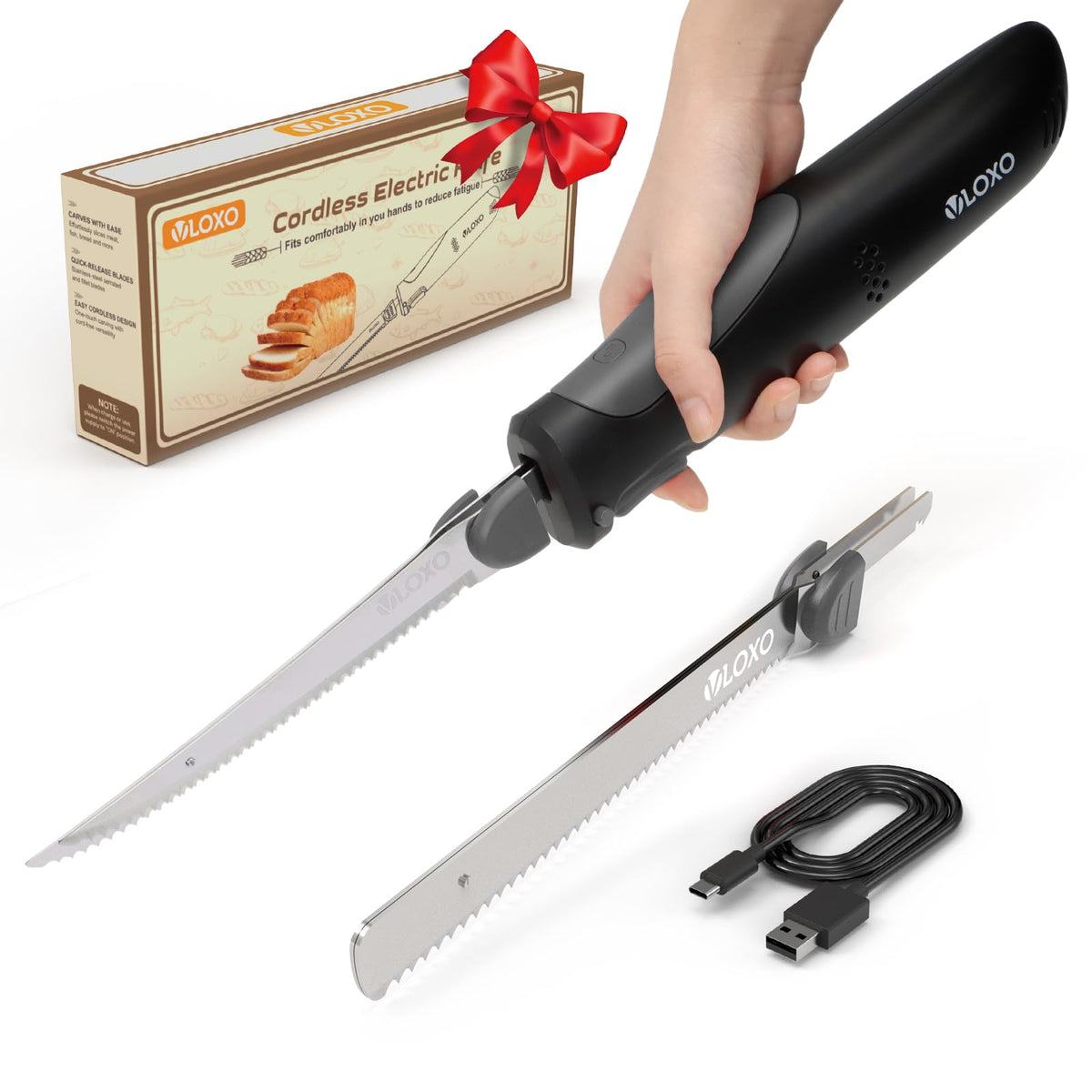 VLOXO Cordless Electric Knife, Rechargeable Electric Knife with 2 Ti-Nitride S.S. Coated Non-Stick Blades Non-Slip Handle Safety Lock Electric Carving Knives for Bread Turkey