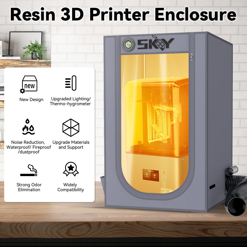 Skouphy Resin 3D Printer Enclosure with Ventilation Kit, LED Light,Thermo-Hygrometer Dustproof Cover Eliminate Odors Compatible with Anycubic Elegoo Creality Series LCD Resin UV 3D Printer Grey