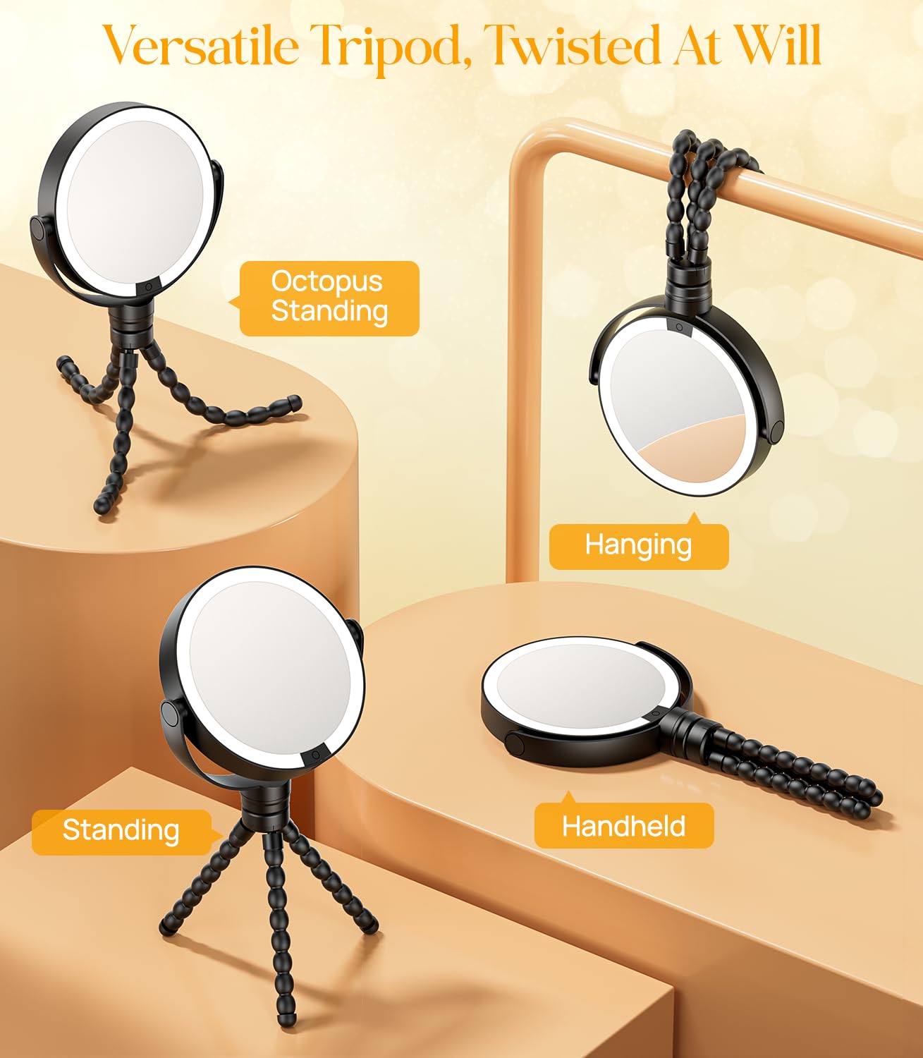 Gospire 5.85” Tripod Travel Makeup Mirror with Lights and Magnification 1X/10X, 4 in 1 Winding Hanging Handheld Tabletop, 3 Light Colors and Adjustable Brightness – Black