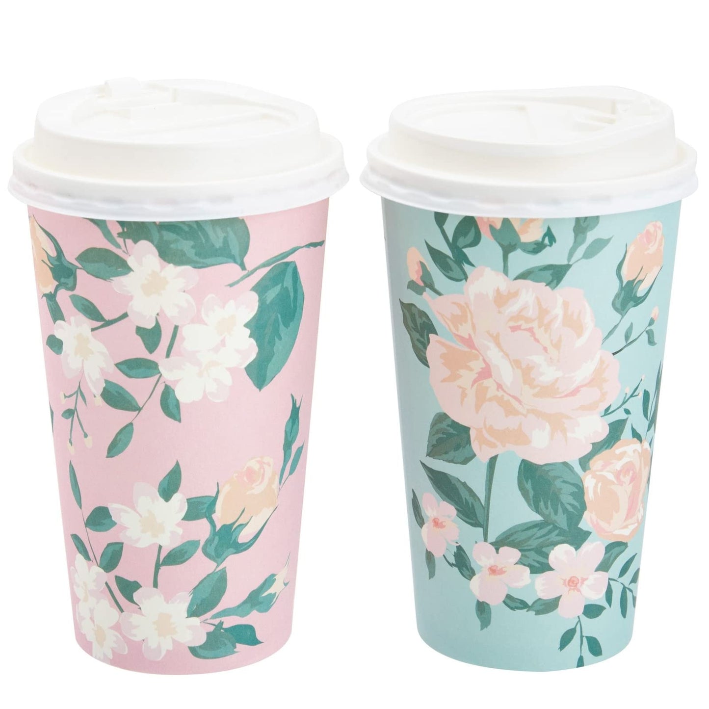 48-Pack Disposable Floral Paper Coffee Cups with Lids 16 oz, to Go Coffee Cups for Flower-Themed Birthday Party Supplies, Wedding Reception, Baby Shower (4 Pastel Colors)