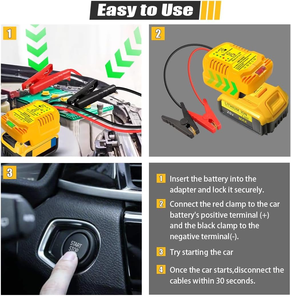 Jumper Starter Adapter for DeWalt 20V 60V Battery Car Battery Jump Cables,Up to 3.5L Gas or 6.5L Diesel Engines,12V Portable Car Jump Starter,Automotive Booster Cable Adapter