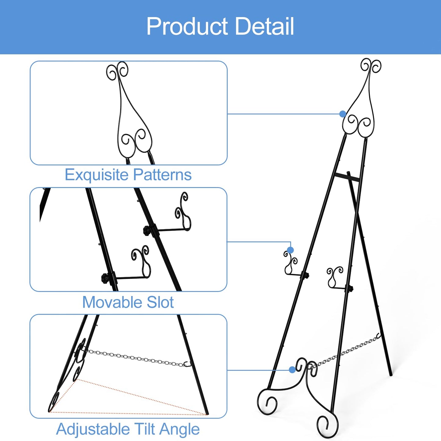 2 PCS Black Easel Stand for Sign, Metal Poster Easel Holder, Adjustable Wedding Sign Stand with Chain Support for Display, Party Painting.