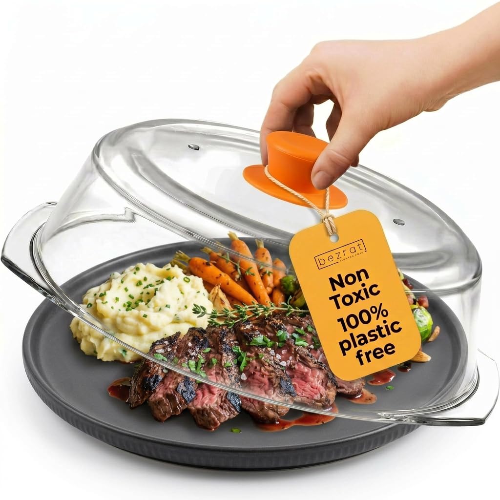 Bezrat Microwave Tall Glass Plate Cover For Food | Splatter Guard Lid with Easy Grip Silicone Handle Knob & Steam Vents | 100% Food Grade | BPA Free and Dishwasher Safe | Plates and Bowls 10 x 3 Inch