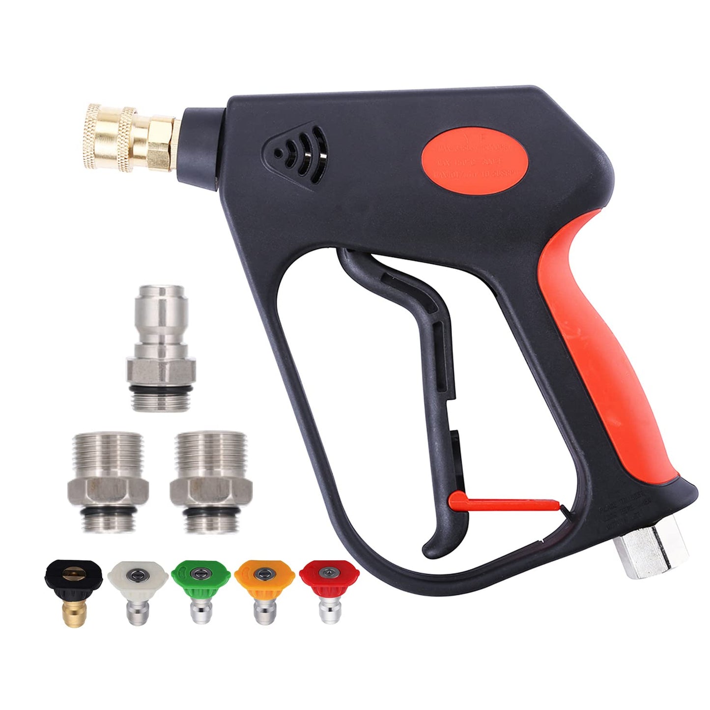 CREEXEON Pressure Washer Short Gun, Commercial 5000 PSI / 10.5 GPM, Swivel Inlet, 3/8 Inch M22 14mm and M22 15mm, With 5 Spray Tips,3 Adapters Inclued,Sturdy Design Universal for Most Pressure Washers