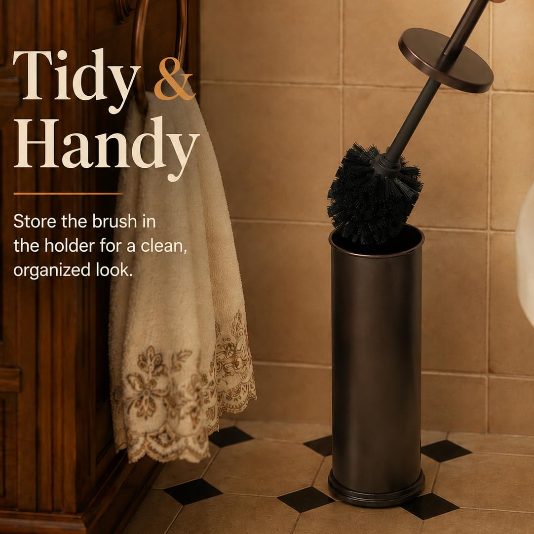 HUJI Rust Resistant Bronze Toilet Brush Holder with Lid Perfect Bathroom Bowl Cleaning Set Gift for House Warming or College Dorms Accessories (1, Bronze Toilet Brush)