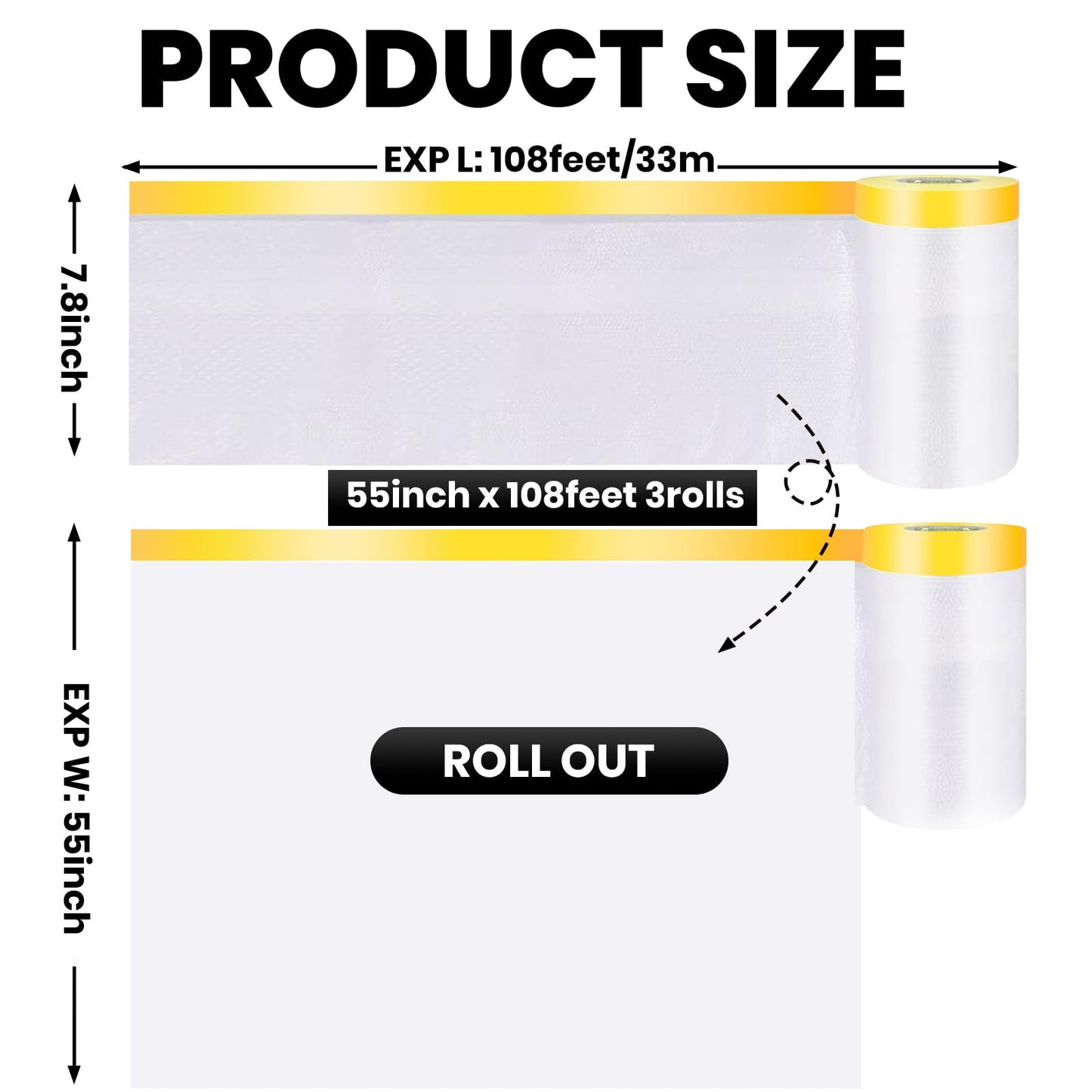 ADHES Pre Taped Masking Film with Adhesive Edge, 55 inch x 108feet x 3 Rolls No Residue Masking Tape for Painting, Automotive, and DIY Projects Tape and Drape for Floor Furniture Protection