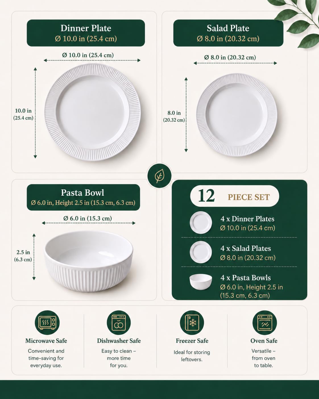 Hoilse Ceramic Dinnerware Set for 4-12-Piece Dinner Plates, Salad Plates and Bowls Set, Microwave & Dishwasher Safe Dish Set Scratch Resistant Stoneware, White