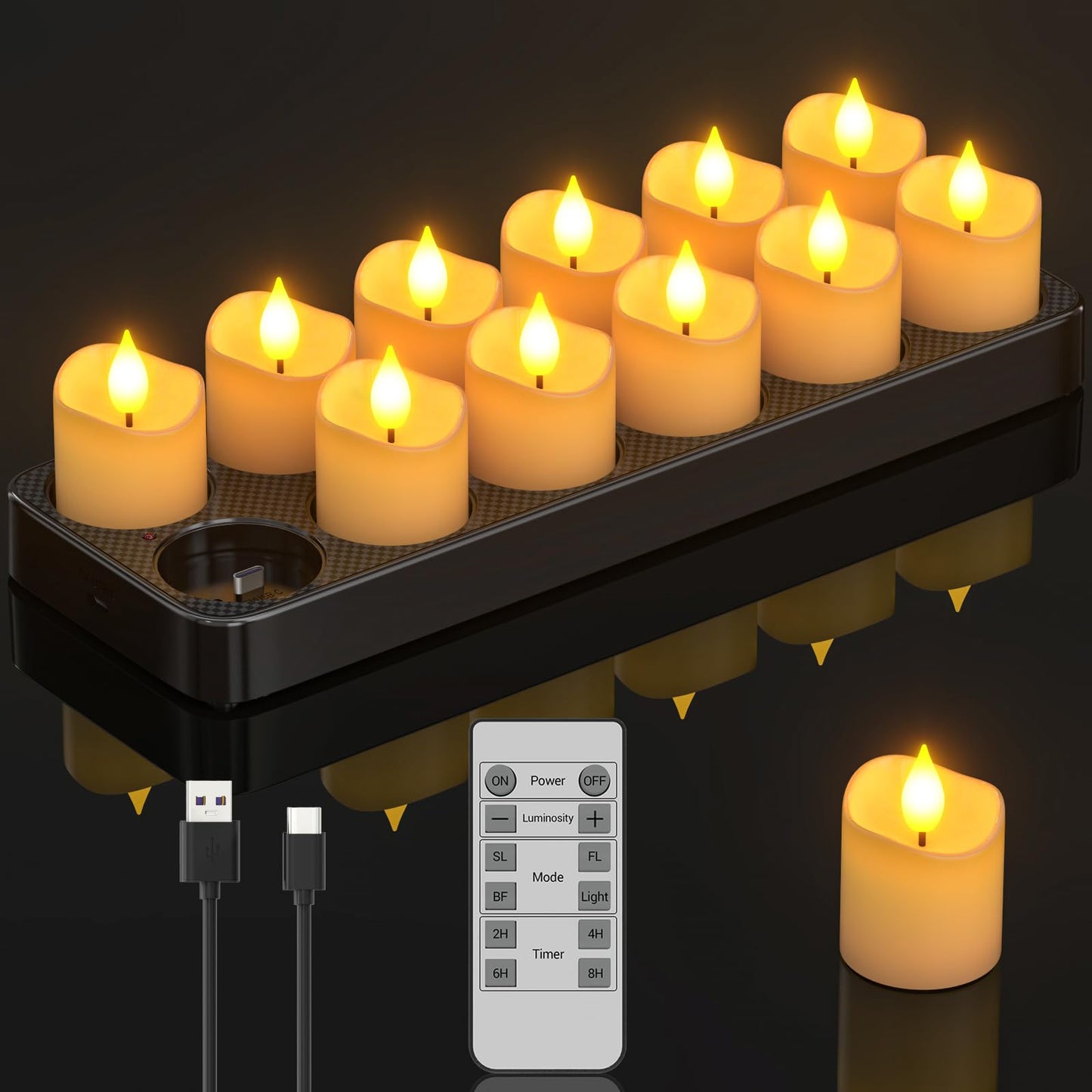 PChero Flameless Candles with Remote Timer & Charging Base, 12pcs USB Rechargeable Battery LED Tea Lights Small Votive Candles for Weddings Lantern Christmas Home Room Decor