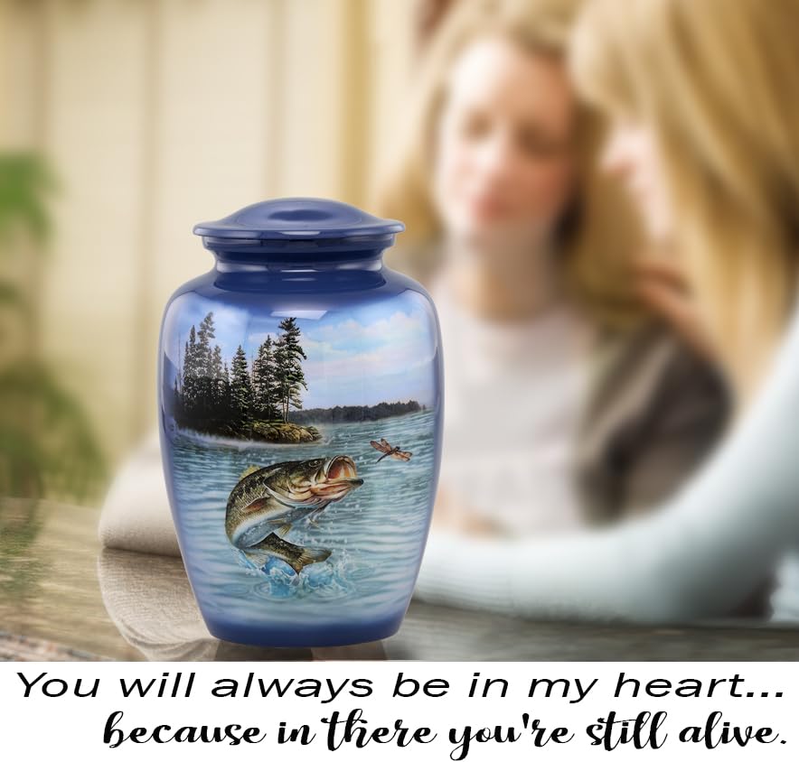Bass Fishing Urn - Bass Fish Cremation Urn for Ashes - Adult Fishing Urn - Handcrafted Adult Bass Fish Funeral Urn - Fishing Memorial Urn with Velvet Bag (Large)