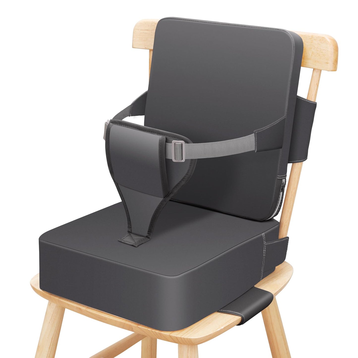 TOTIDYH Toddler Booster Seat for Dining Table, Non-Slip Kitchen Chair Booster Cushion with Backrest and Adjustable Straps, Portable PU Waterproof Travel Baby Booster Increasing Cushion, Dark Grey