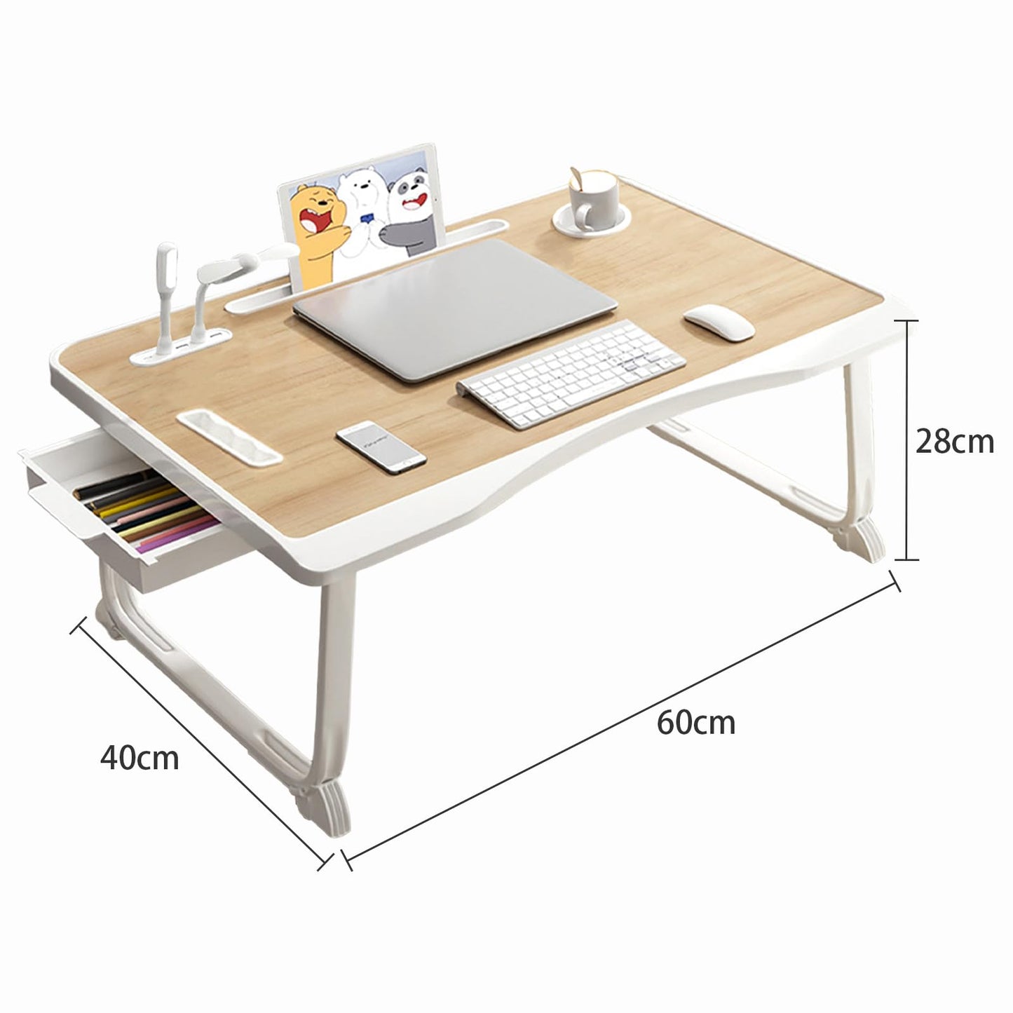 Laptop Desk for Bed, Bed Table with USB Charge Port, Foldable Laptop Table with Storage Drawer and Cup Holder, Laptop Bed Desk Tray for Writing Working Reading (Yellow)