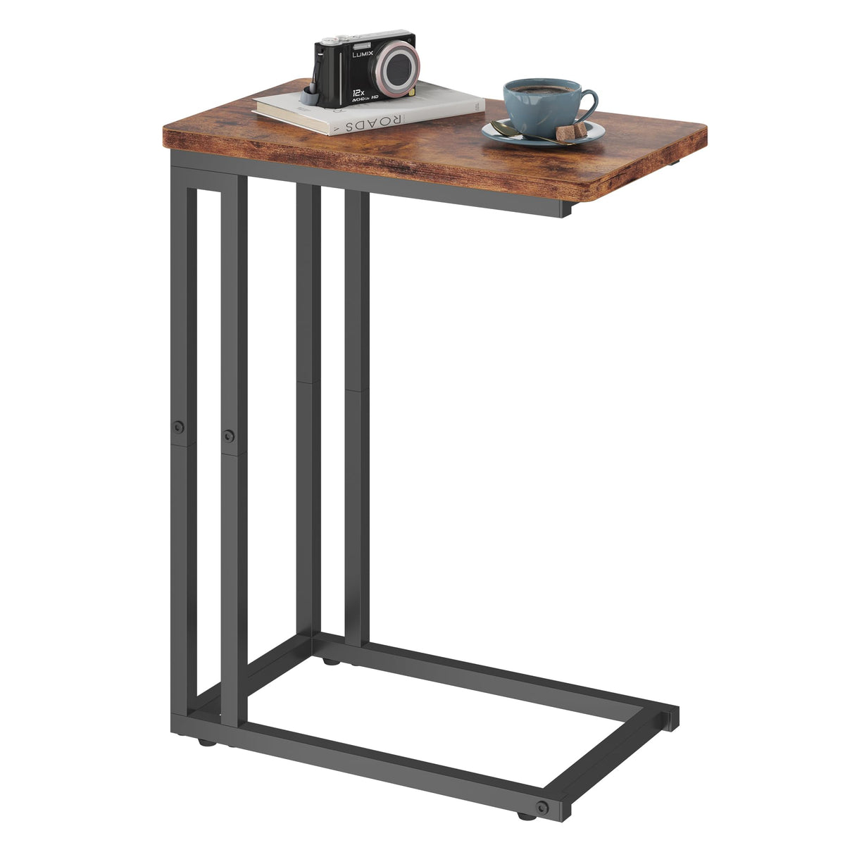 Yusong C Shaped End Table, Couch Side Table that Slide Under Sofa Bed, Small Table for Small Spaces, Skinny Overbed Table, Coffee Drink Snack Table for Living Room, Rustic Brown