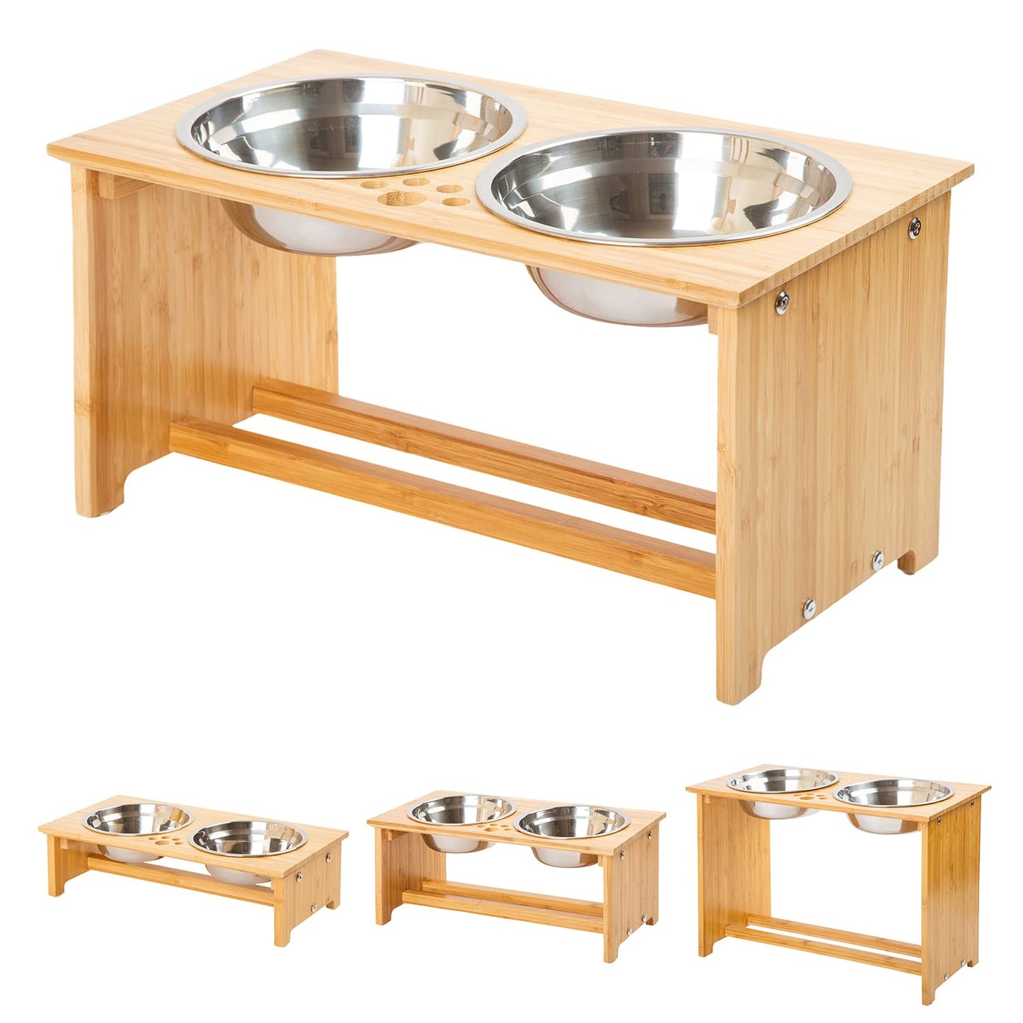 FOREYY Raised Pet Bowls for Cats and Small Dogs, Bamboo Elevated Dog Cat Food and Water Bowls Stand Feeder with 2 Stainless Steel Bowls and Anti Slip Feet L(10 inchTall-50 oz Bowl)