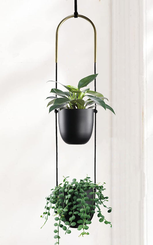 ABETREE Modern Metal Hanging Planter for Indoor Outdoor Plants with Hook 2 Tier Boho Wall and Ceiling Flower Pots Baskets Holder Home Office Decor(Black)