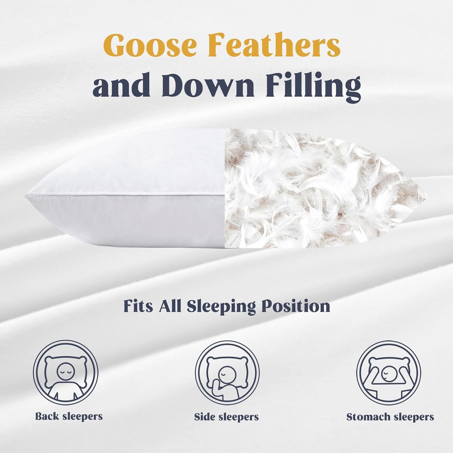 Puredown® Goose Feathers Down Pillows Bed Pillows for Sleeping with 100% Cotton Fabric, Hotel Pillows for Side Back and Stomach Sleeper, Queen Size, Set of 2