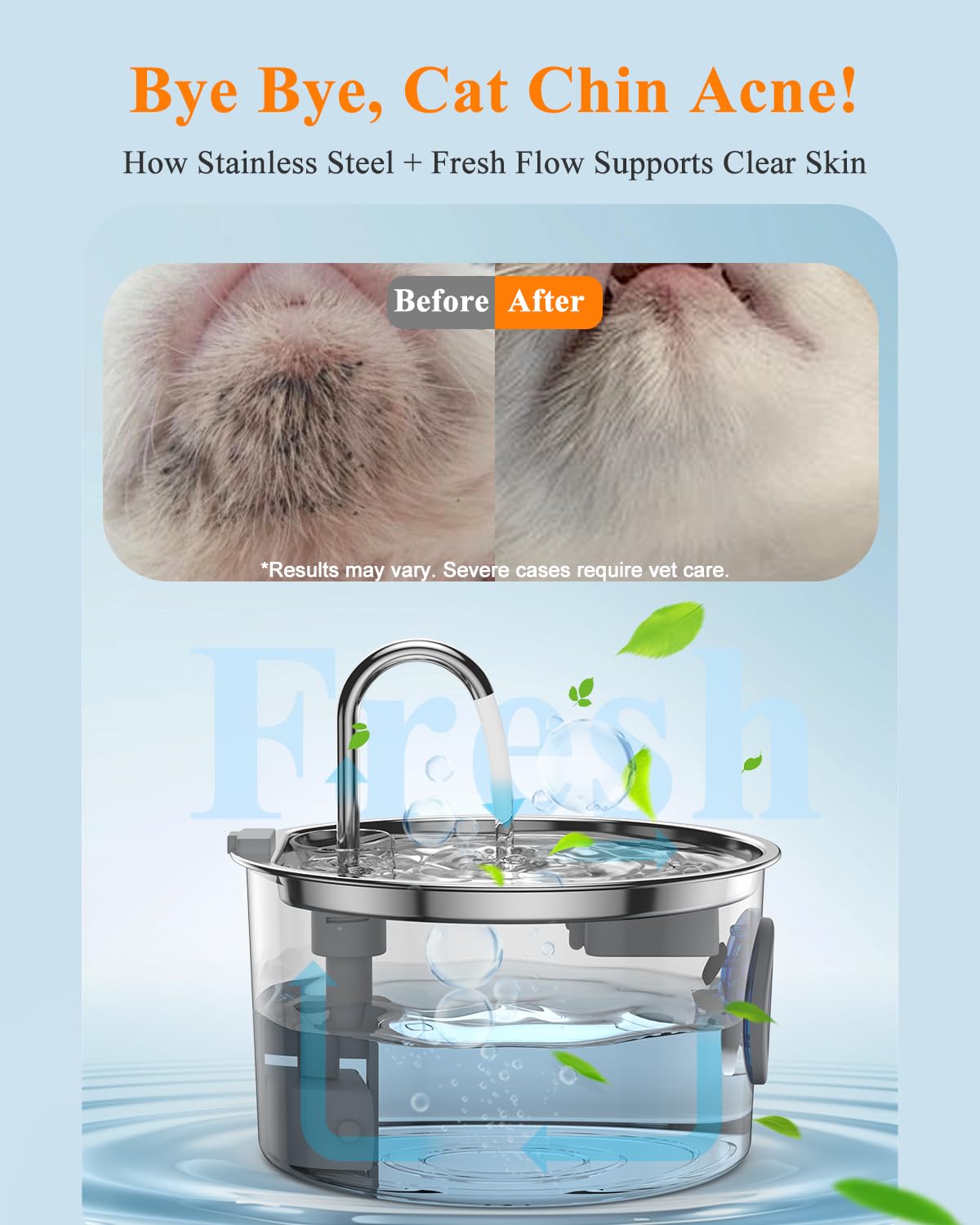Cat Water Fountain Stainless Steel with 8 Filters Kit, 3.2L/108oz Automatic Pet Drinking Dispenser with Faucet & Flower Mode, Quiet Electric Metal Water Bowl for Indoor Cats S/M Dogs Pets