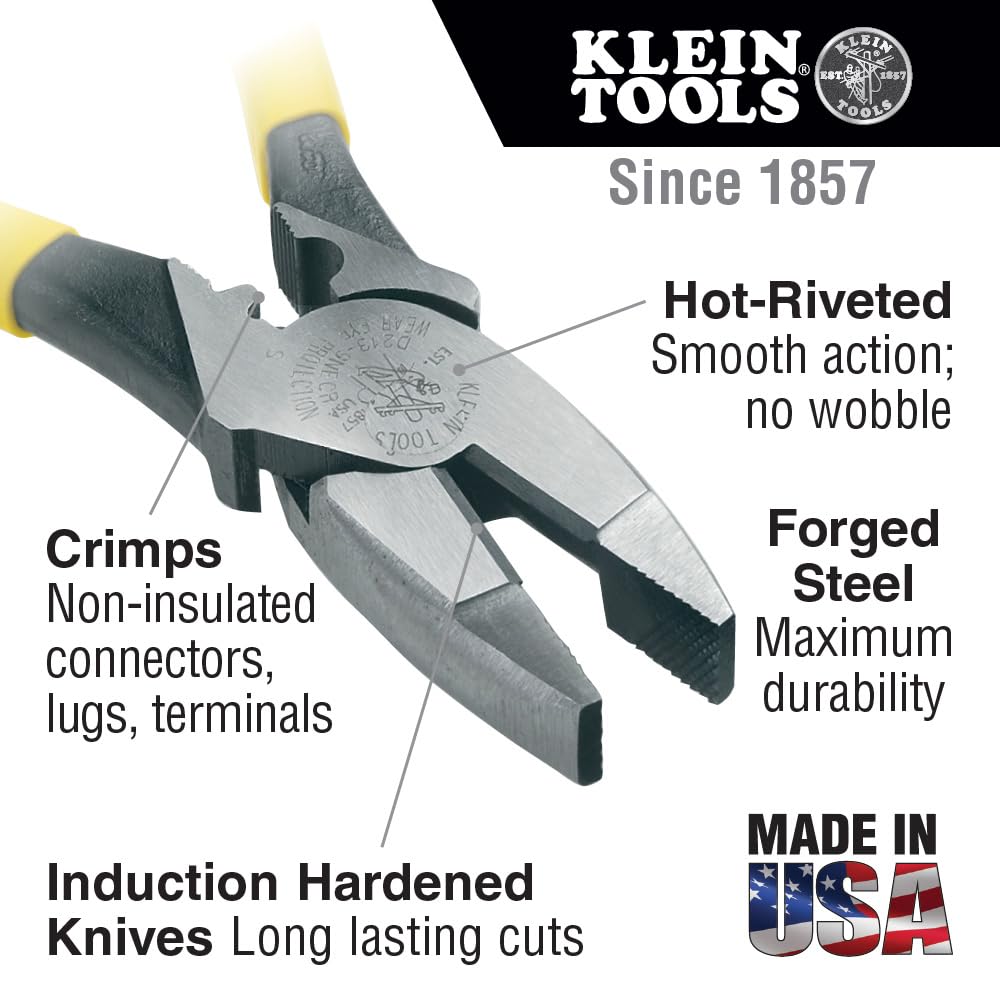 Klein Tools D213-9NE-CR Lineman's Crimping Pliers, Streamlined High-Leverage Design Made of Induction Hardened Steel, 9-Inch