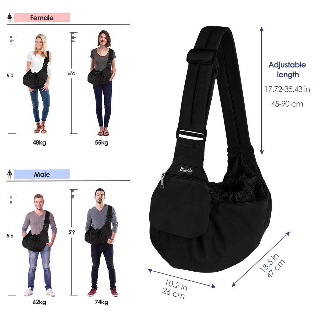 AUTOWT Dog Sling Carrier, Dog Sling with Bottom Supported Hand Free Pet Sling Adjustable Shoulder Strap and Bag Opening Front Zipper Pocket Safety Belt for Small Dogs Cat Daily Use (Black Water-Resistant)