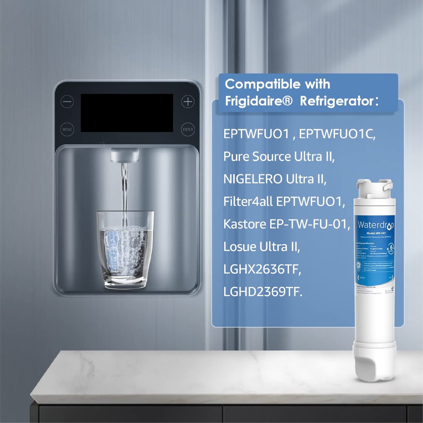 Waterdrop Refrigerator Water Filter Replacement for Frigidaire® EPTWFU01® Pure Source® Ultra II, FPBC2277RF, FPBG2277RF, FGHB2868TP, FFHD2250TD, FGSC2335TF, FGSC2335TD, LGHD2369TF, 3 Filters