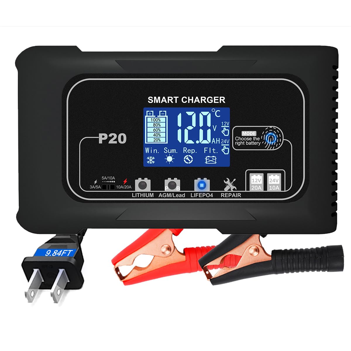 Battery Charger 0-20A,12V/24V Lead Acid Fully Automatic Battery Maintainer, Car Battery Trickle Charger Automotive w/Repair for Lithium,LiFePO4,AGM, STD, Gel, Deep Cycle Batteries