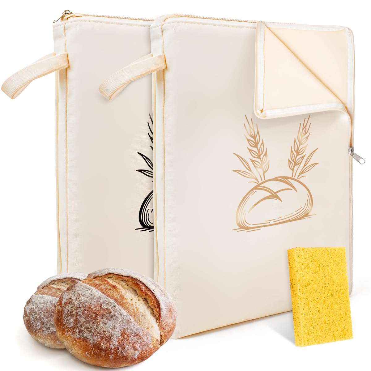 Beeswax Bread Bags for Sourdough & Homemade Bread,2 Pack XXL 17x13x1.2 Inch Reusable Organic Beeswax Linen Cotton Bread Storage with Wide Zipper Access to Keep Fresh,Sourdough Bags with Cleaning Brush