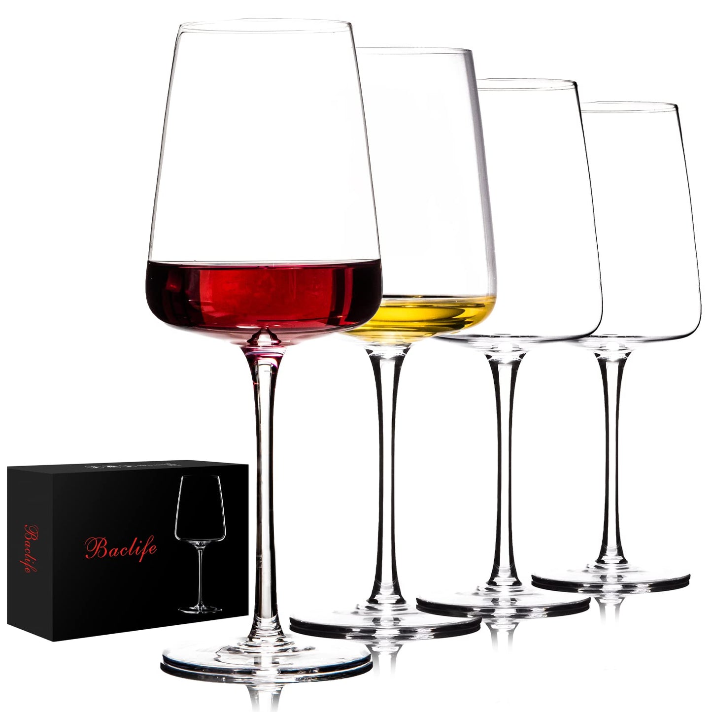 BACLIFE Hand Blown Red Wine Glasses Set of 4 – Premium Crystal Wine Glasses with Long Stem,19 oz – Unique Gift for Wedding,Birthday,Anniversary – Ideal for Restaurants,Home Bar