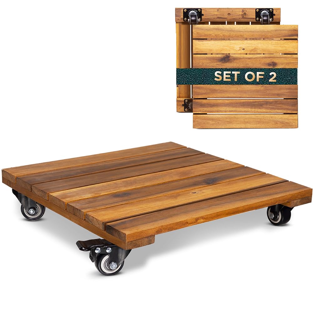 Idzo 2-Pack 14 Inch Wood Plant Caddy with Wheels Heavy Duty, 264 lbs Acacia Hardwood Plant Dolly Rolling Stand with 360° Lockable Wheels for Heavy Plant Pots and Outdoor Use