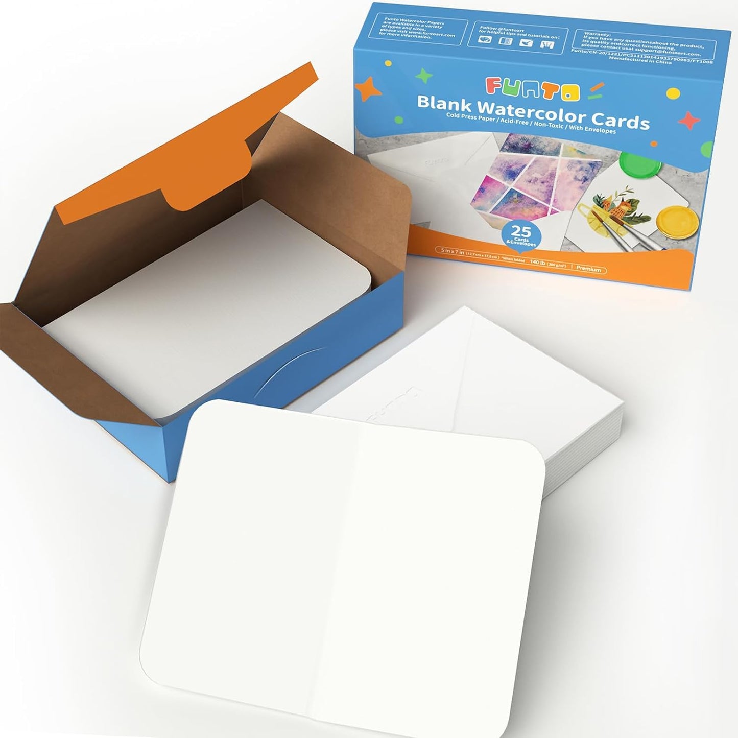 Funto Blank Watercolour Paper Cards and Envelopes, 50 Cards, 5''x7'', 140lb/300gsm, White, Acid-Free, Heavyweight Paper for Watercolor Painting, Invitations, Thank You Notes, Greeting Cards