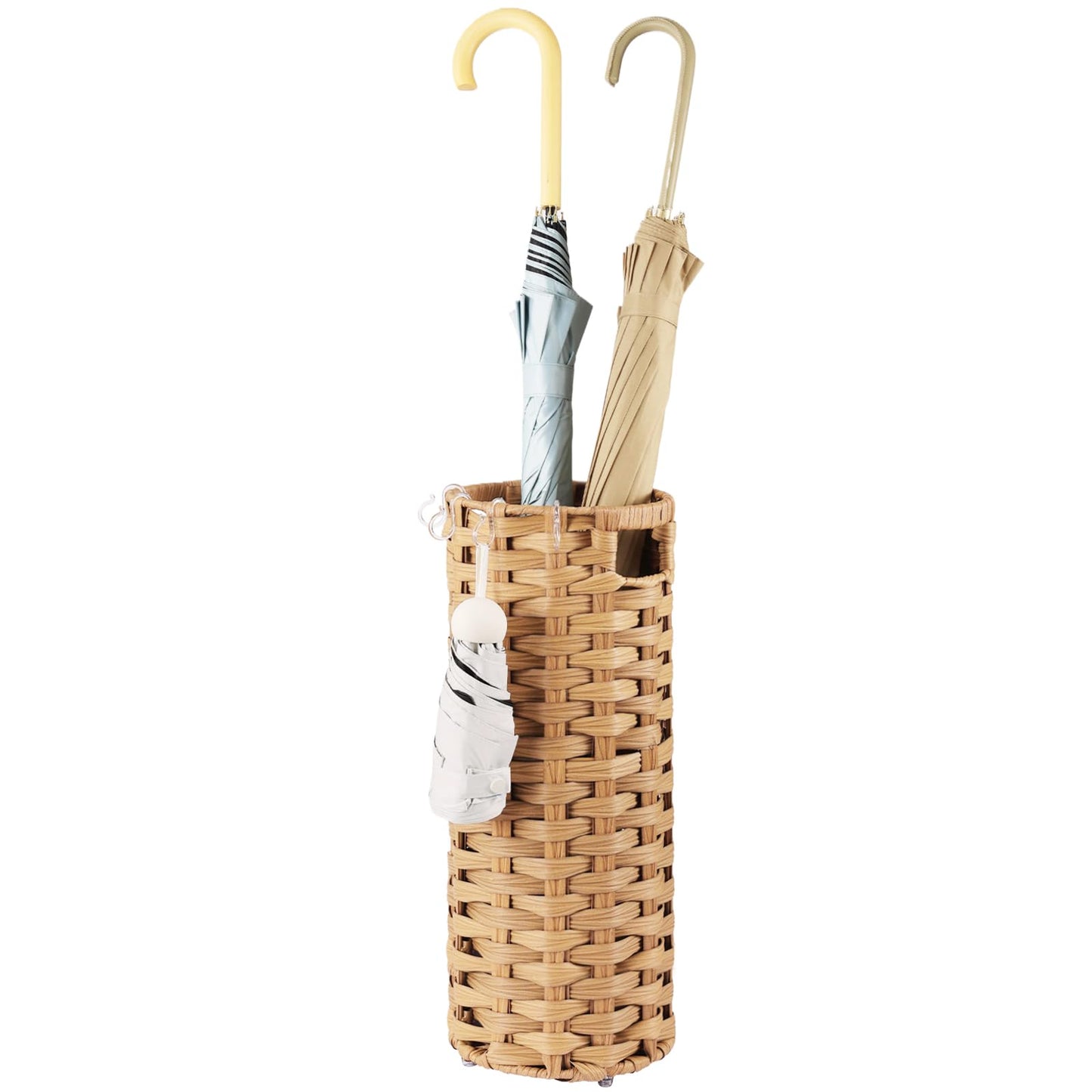 WAOHANAZ Rattan Umbrella Stand, Umbrella Holder for Entryway, Hand Woven Umbrella Rack Organizer Freestanding, with a Detachable Drip Tray, 4 Hooks, 7.5" L x 7.5" W x 16.5" H