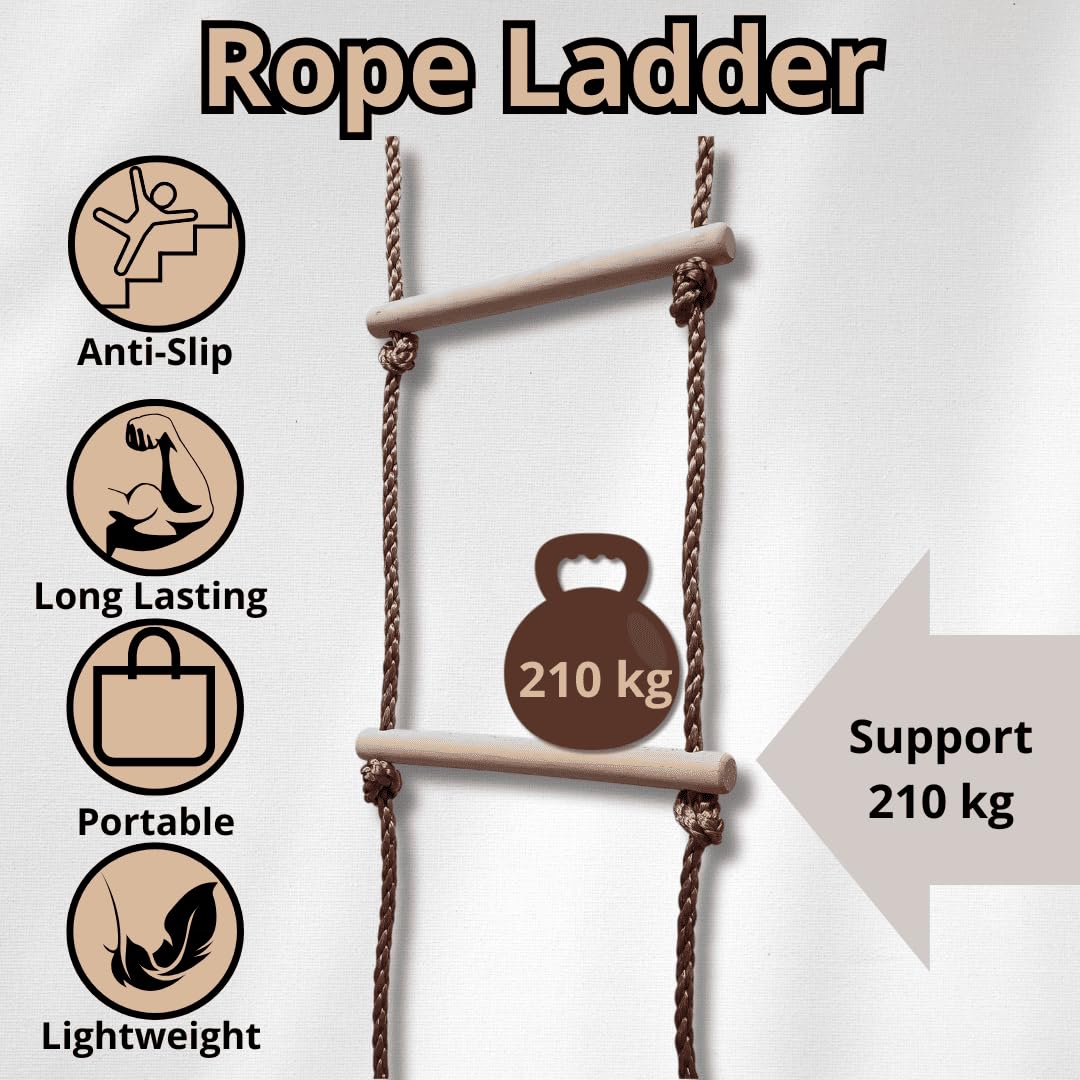 ISOP Swedish Wall Rope Ladder 6.5ft (2m) - Climbing Rope Ladder for Kids | Tree Ladders Play Equipment | Wooden Ladders with Spring Hooks | Playground Accessories | Kids Climbing Toys for Backyard