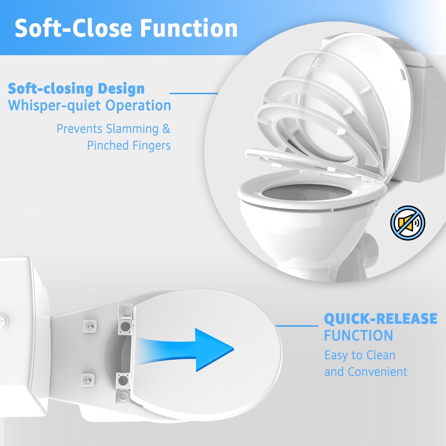 Toilet Seat Round 16.5 Inch & Quick Release - Quick Connect, Standard Toilet Lid Soft Close, PP Material Safe & Easy Clean and Install, Sturdy Accessories Never Loosen, White Plastic