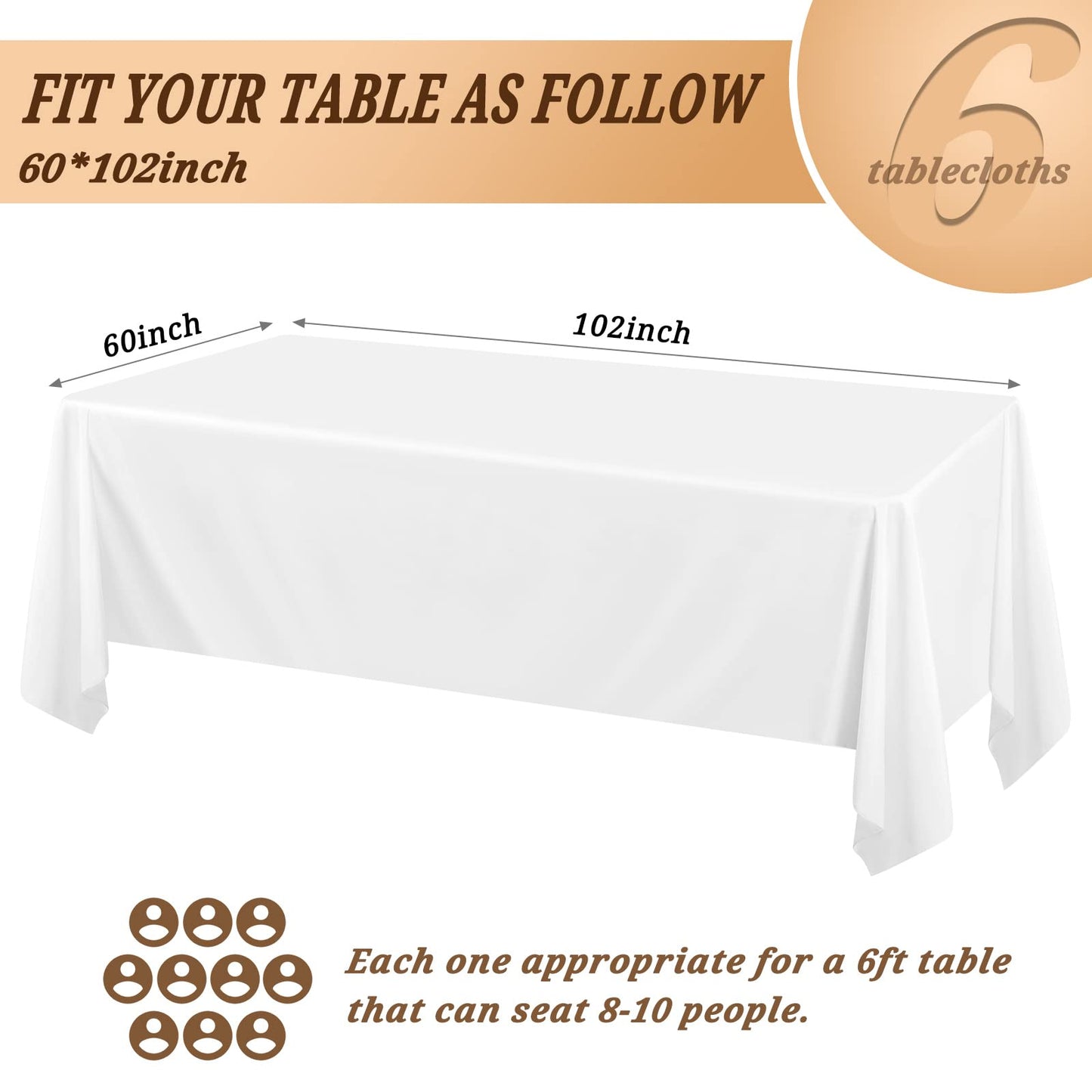 6Pack White Polyester Tablecloths, 60 x 102 Inch for 6ft Rectangle Tables Polyester Table Cover Washable Table Cloth for Wedding Reception Banquet Party