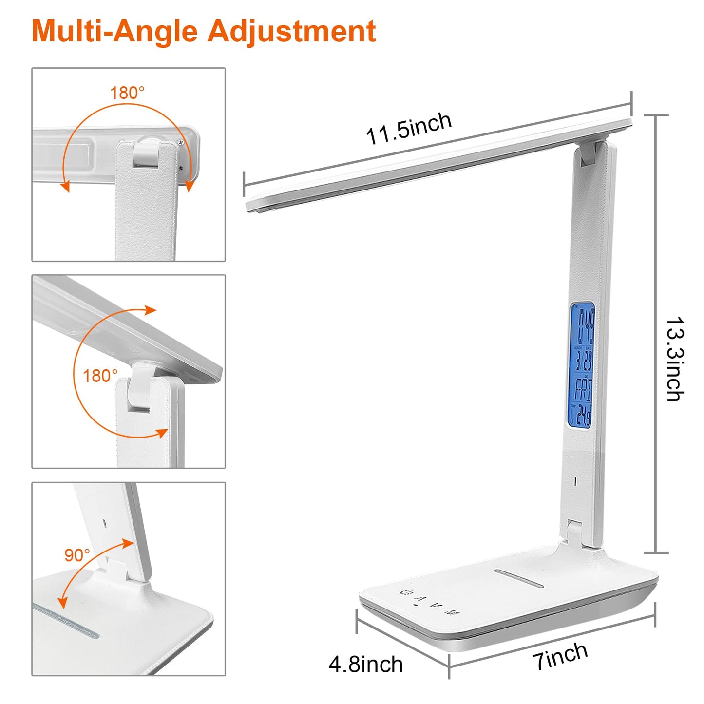 Whicow LED Desk Lamp, Desk Light with Wireless Charger, USB Charging Port, Dimmable Office Desk Lamp with Clock, Alarm, Date, Temperature, Foldable Table Lamp for Table Bedroom Bedside Office